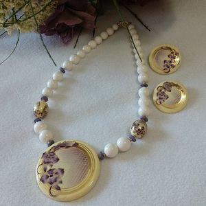3 Pc Vintage Necklace Earring Set Porcelain Painted Beads Petunia Purple Pierced